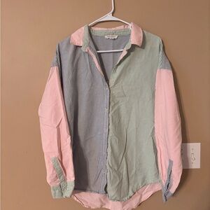 BeachLunchLounge Women's Multicolor Button Up Long Sleeve Size L Colorblock